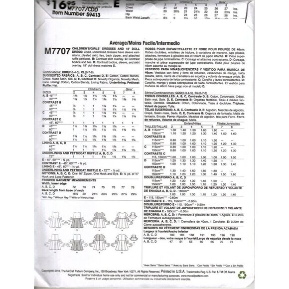 McCall's M7707 Girls 6 to 8 Dress and 18in Doll Dress Uncut Sewing Pattern New - Picture 2 of 2